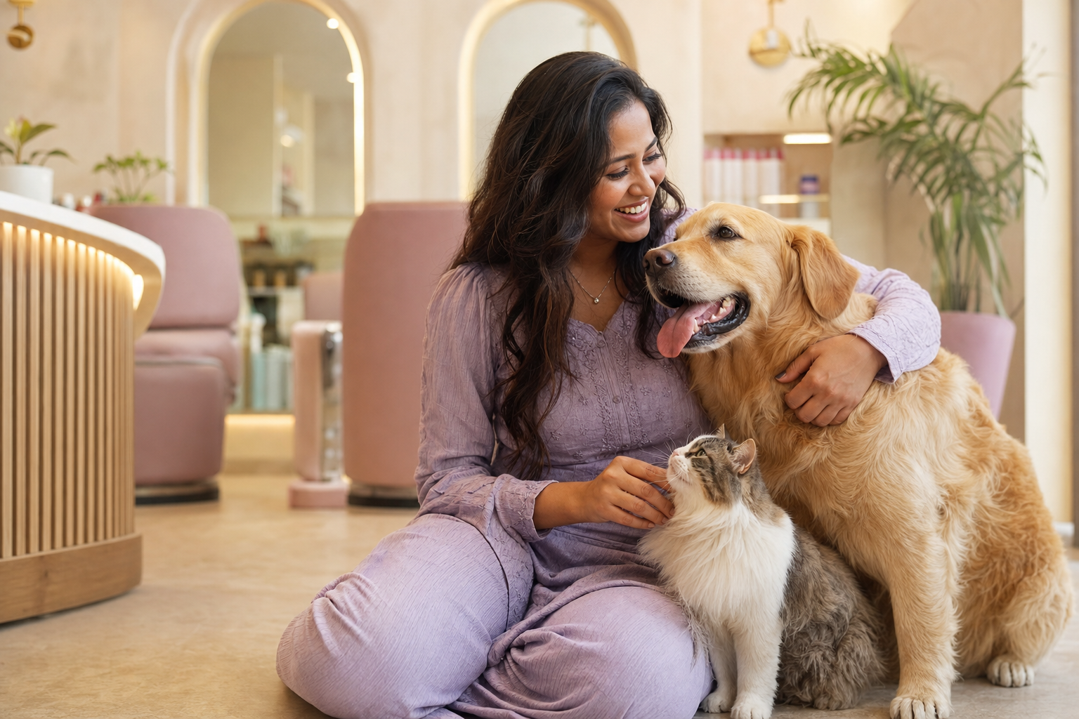 A pet-care professional with a dog and cat in a modern wellness centre